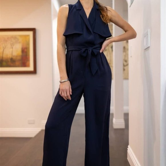 Navy Collar Self-Tie Belted Cut-Out Back Wide Leg Jumpsuit - Picture 5 of 6